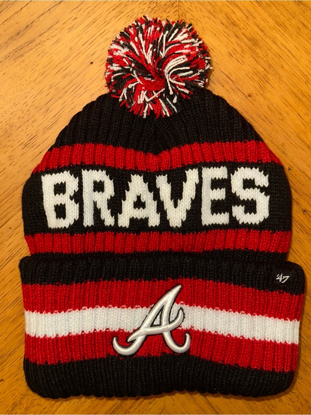 Atlanta Braves Beanie '47 Brand Red Navy Bering Cuffed Knit Hat Pom Men's NEW